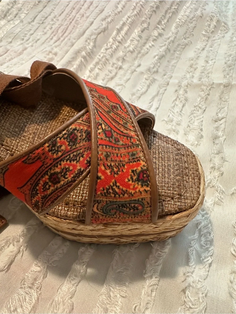 Never worn Sam Edelman Brown Espadrille Wedge Sandals with Orange Paisley Straps